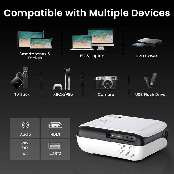HAPPRUN Native 1080P Bluetooth Mini Projector, Full HD Portable Outdoor Movie Projector with Built-in Speaker, Compatible with Smartphone, HDMI, USB, AV, Fire Stick, PS5 for Home, Bedroom, Outdoor Use