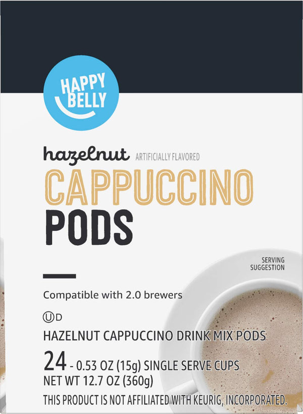Happy Belly Light Roast Cappuccino Coffee Pods, Hazelnut Flavored, 24 Count