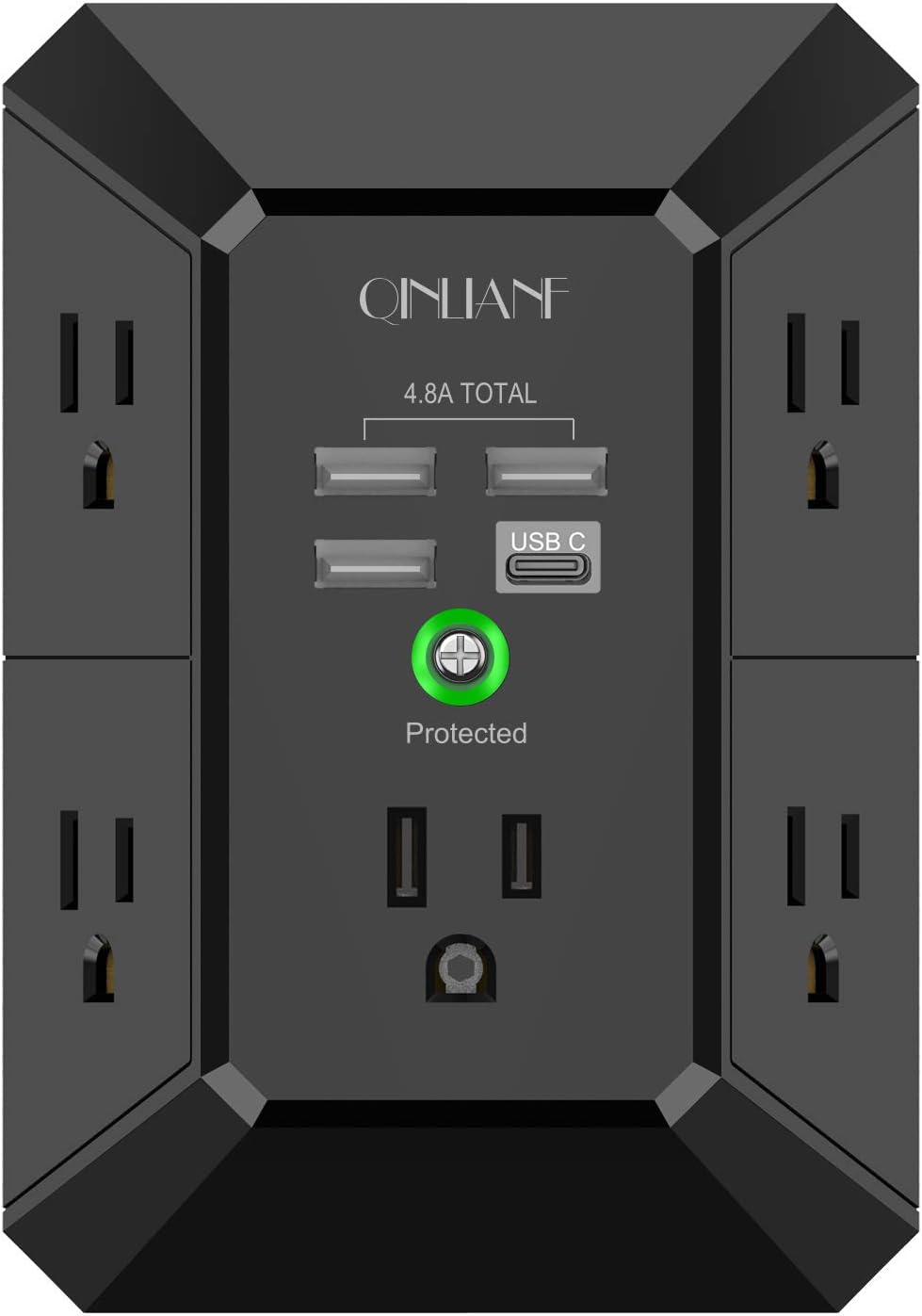 Wall Charger, Surge Protector, QINLIANF 5 Outlet Extender with 4 USB Charging Ports (4.8A Total) 3-Sided 1680J Power Strip Multi Plug Adapter Spaced for Home Travel Office (3U1C)