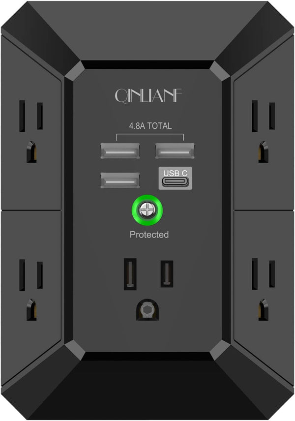 Qinlianf Wall Charger 5 Outlet Extender with 4 USB Charging Ports 3-Sided Power Strip Multi Plug Adapter 3U1C