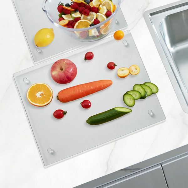 Tempered glass cutting board for kitchen use, 2 pieces, 12x16 and 12x8 inches, clear, heat resistant, non-slip feet