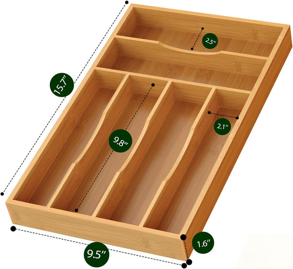 Bamboo Silverware Organizer for Kitchen and Office Use