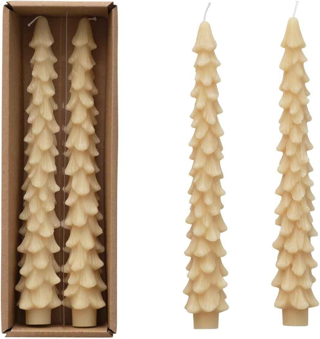 Creative Co-Op Unscented Tree Shaped Taper Candles, Evergreen, Boxed Set Of 2