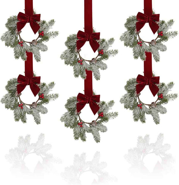 Small Christmas Wreath, 6 Pcs 6" Mini Christmas Wreaths for Cabinets, Small Cabinet Wreaths for Kitchen Cabinet Window Door Farmhouse Christmas Party Decorations Candle Rings Fireplaces (A)