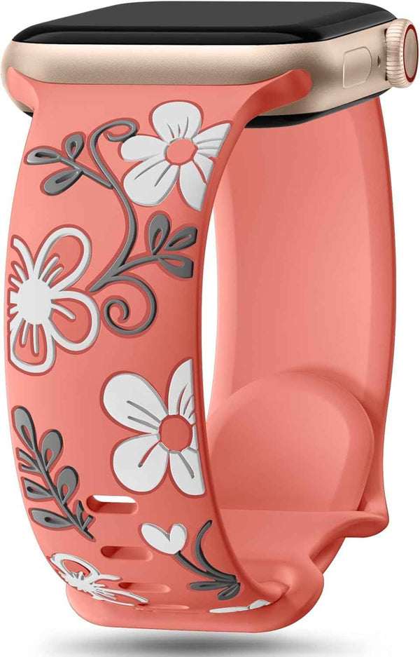 Witzon Floral Band Compatible with Apple Watch Bands For Women 40mm 41mm 38mm 42mm 44mm 45mm 46mm 49mm, Engraved Cute Flower Silicone Dressy Strap for iWatch Series 11 10 9 8 7 6 5 4 3 2 SE Ultra