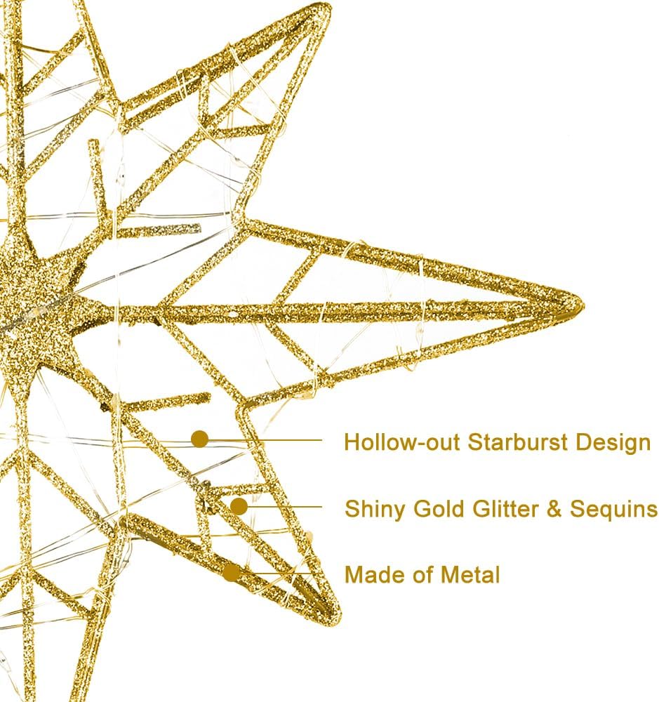 hogardeck Christmas Tree Topper, 11 Inches Lighted Gold Glittered 8-Point Star Tree Topper, 30 LED Sparkling Tree Toppers Christmas Decorations, Battery Powered Timer Xmas Treetop Star Decor