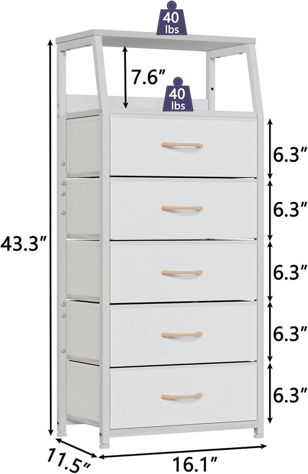 White dresser with 5 drawers for bedroom, hallway, entryway, nursery, closet organizer