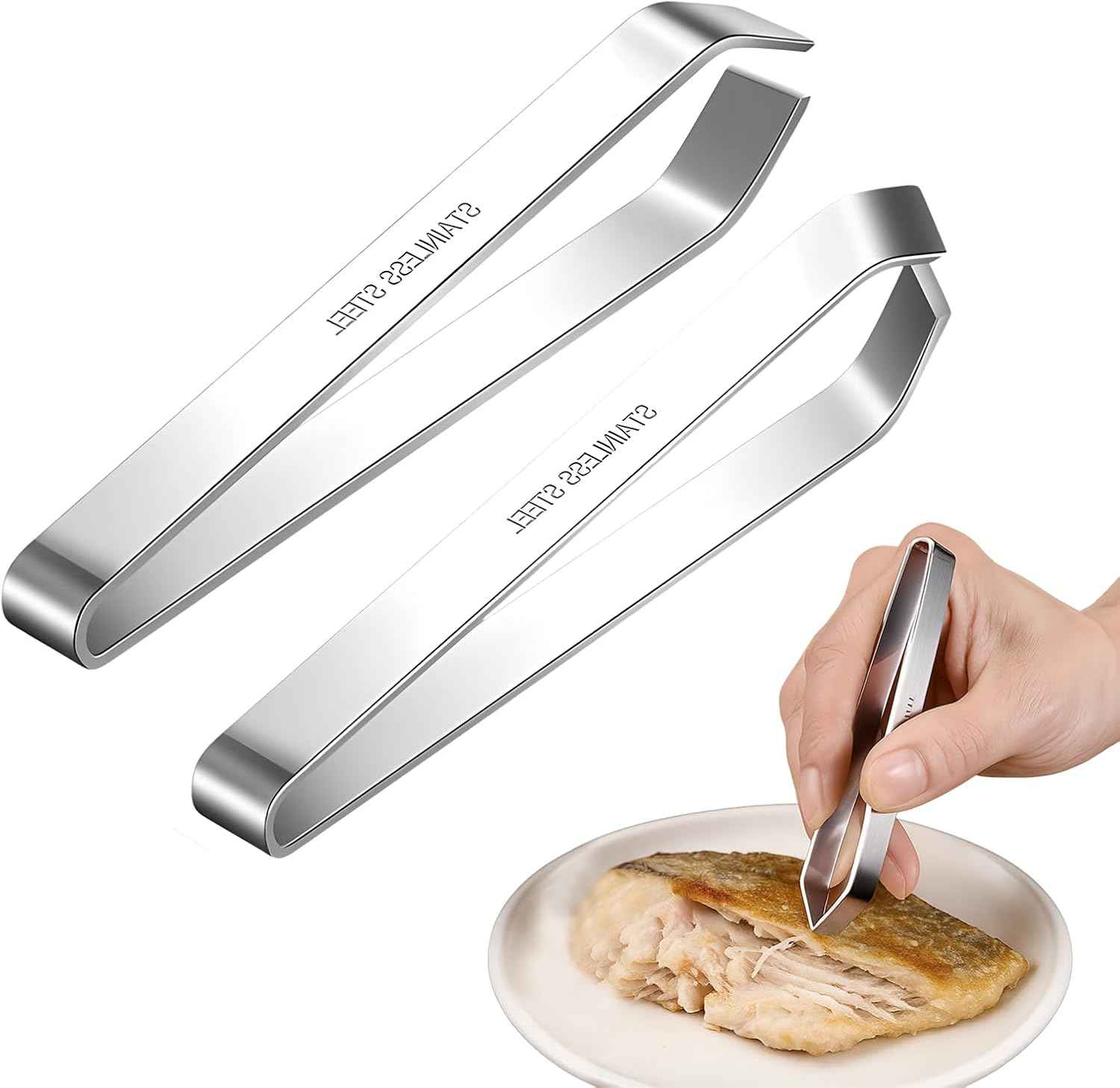2 PCS Fish Bone Tweezers, 430 Stainless Steel Flat & Slant Pliers Set for Kitchen Removing Salmon Trout Bones,Chicken Feathers