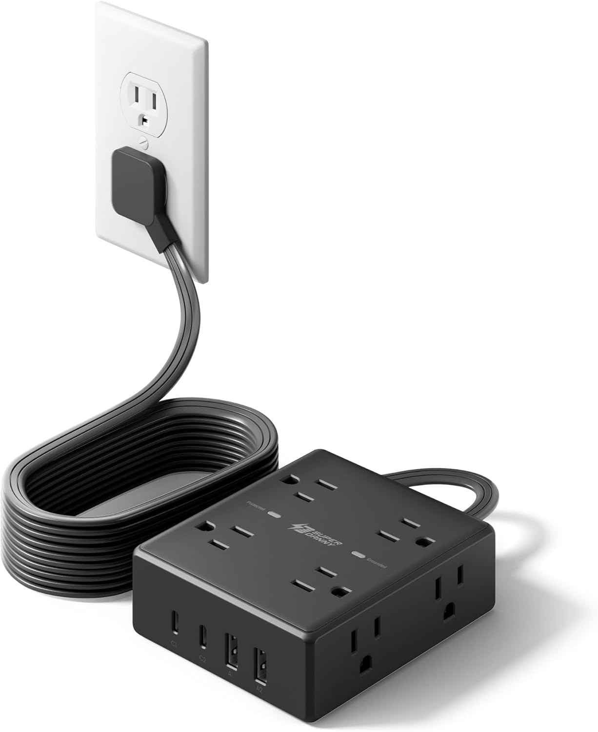 10Ft Extension Cord with Multiple Outlets, Flat Plug Surge Protector Power Strip 10 Ft Long Cord, 8 Outlets & 4 USB Ports (2 USB C), Desk Charging Station for Home Office, College Dorm Room Essentials