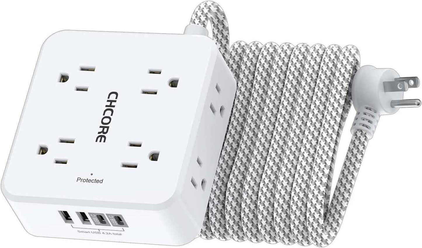 Surge Protector Power Strip - CHCORE 5Ft Braided Extension Cord with 8 Outlets with 4 USB (2 USB C) Charging Ports, Flat Plug Multi Plug Outlet Extender Charging Station for Home Office, ETL, White