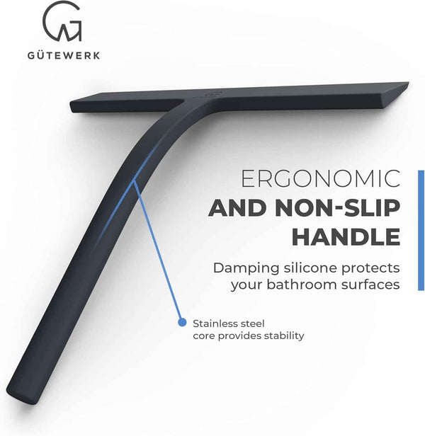 GÜTEWERK 9-Inch Silicone Shower Squeegee, Black with Stainless Steel Core and Soft-Touch Handle