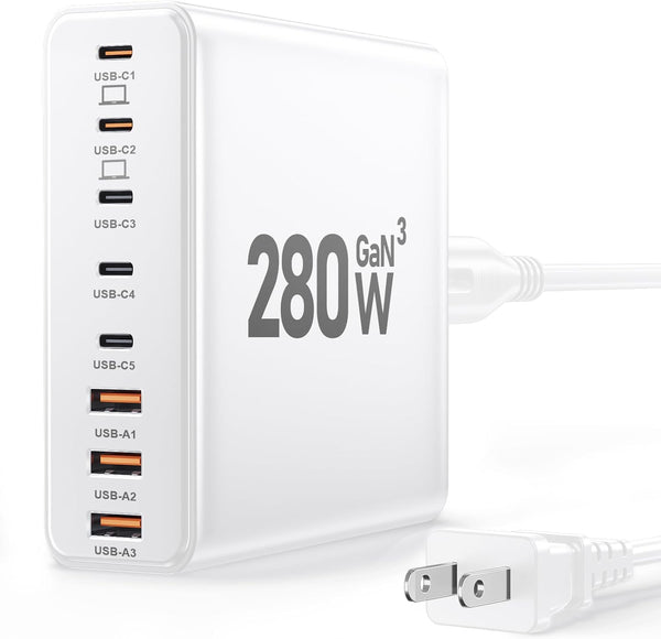 380W USB C Charger Block,with 4 USB Cables 8-Port USB C Charging Station Dual 100W Laptop Charger Fast Charger Type C Charging Block for MacBook Pro, Dell XPS, iPhone, iPad, Tablet (Bright Black)
