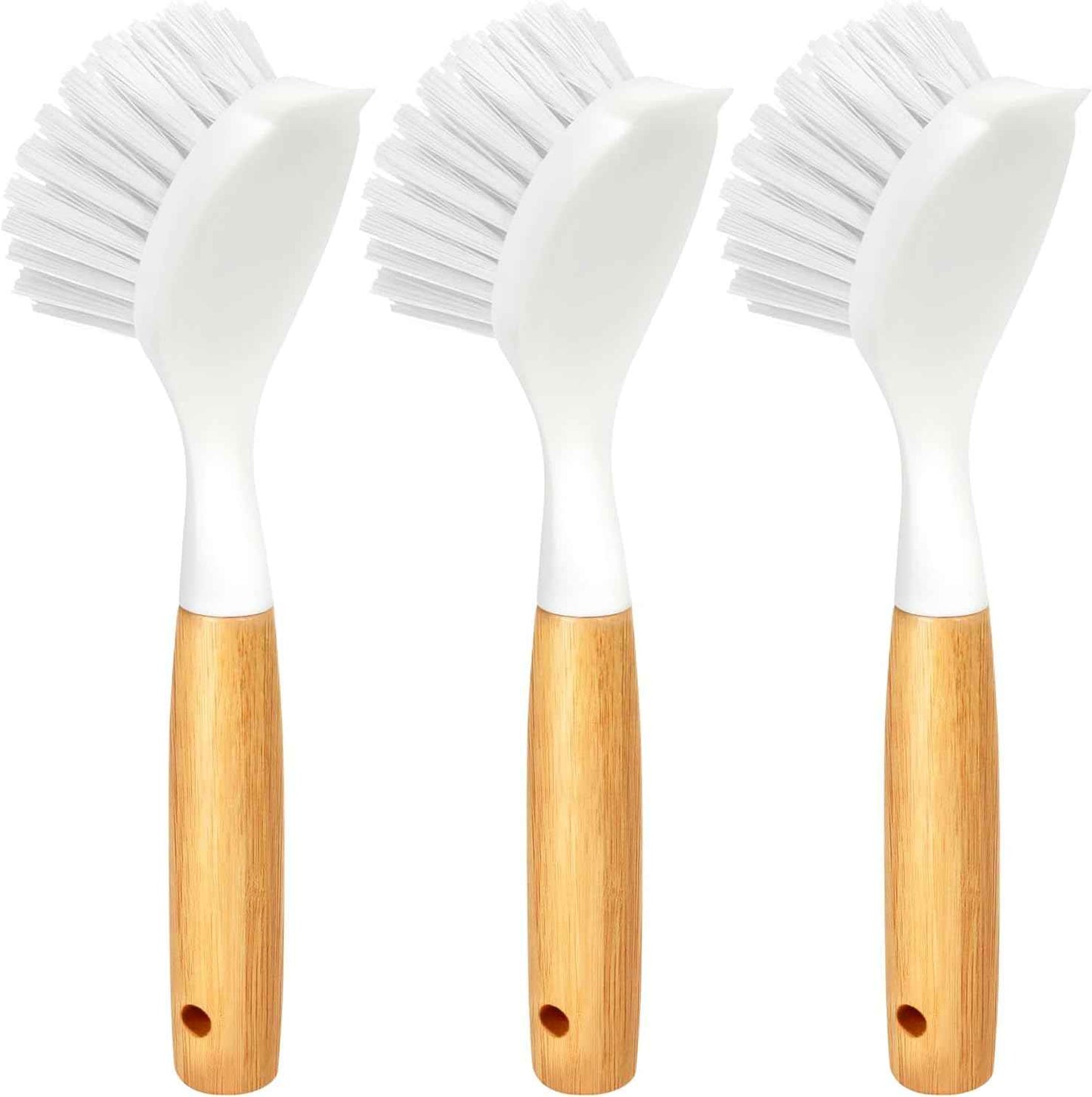 Holikme 3 Pack Dish Brush Set with Bamboo Handle, Kitchen Brushes for Cleaning Pot, Sink and Stove, Skillet Scrubber with Tough Bristles for Cast Iron Grill Pan, Yellow White Black