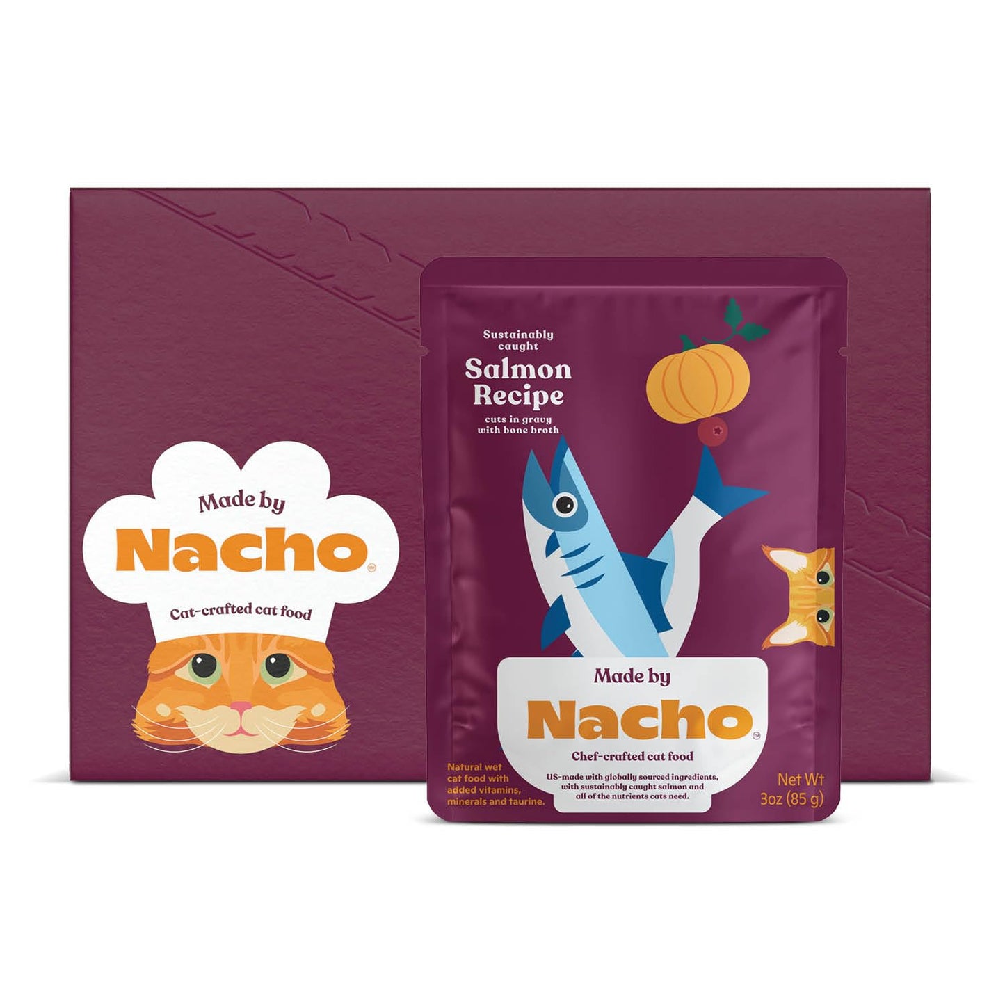 Made by Nacho Wet Cat Food, Cuts in Gravy, Sustainably-Caught Salmon with Bone Broth for Extra Hydration, (12) 3 oz. Pouches, Limited Ingredients
