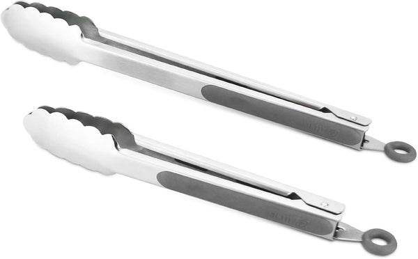 304 Stainless Steel Tongs, 9" and 12" Set, Sturdy Grilling and Barbeque Tongs with Ergonomic Grip, Black