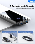 Portable Charger,50000mAh Power Bank Built-in Cable, 22.5W PD USB C In & Out Fast Charging, External Battery Pack with 6 Output & 2 Input, Travel Phone Charger for iPhone 17/16/15/14/13/12(Black)