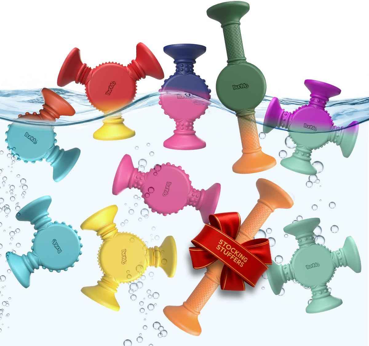 BUNMO Stocking Stuffers for Kids - Toddler Suction Bath Toys - Connect, Build, Create - Toddler Stocking Stuffers - Fine Motor Skills - Stimulating Sensory Fun - Textured 10 Pack