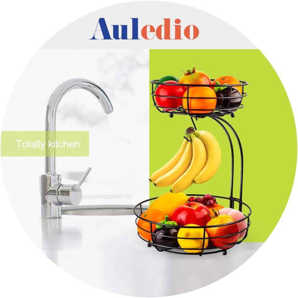 Auledio 2-Tier Countertop Fruit Vegetables Basket with Banana Hanger, Black, 64 oz