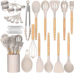 Umite Chef 33 Pcs Non-Stick Silicone Cooking Utensils Set with Holder, Wooden Handle, Silicone Kitchen Gadgets Utensil Set