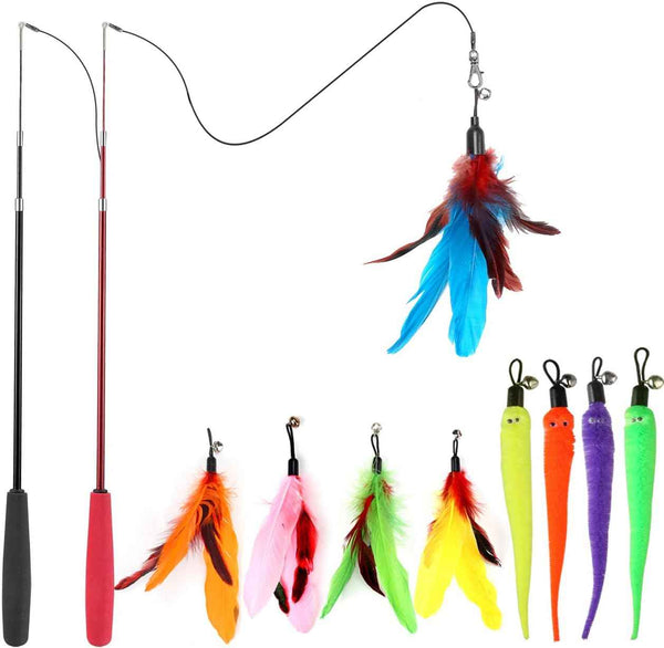 meohui 2pcs retractable cat fishing pole toy set with 9pcs cat feather toys refills
