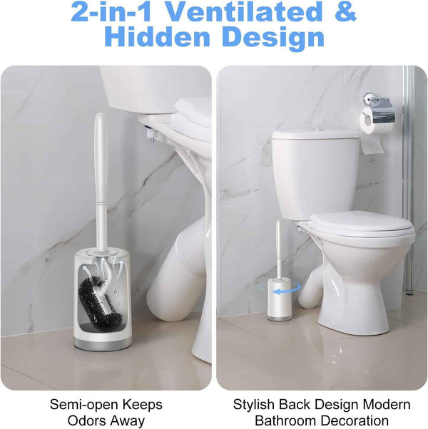 White Hamitor curved toilet brush holder set for small RV bathrooms with hidden scrubber
