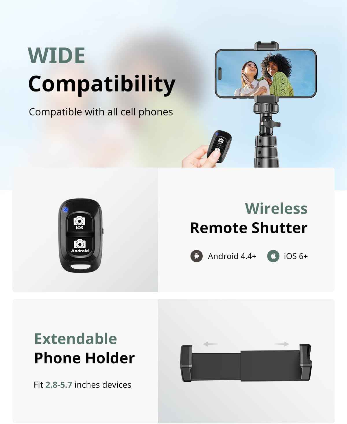 SENSYNE 62" Phone Tripod & Selfie Stick, Extendable Cell Phone Tripod Stand with Wireless Remote and Phone Holder, Compatible with iPhone Android Phone, Camera