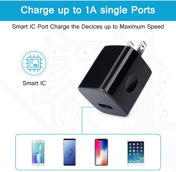 Single Port USB Wall Charger, 3 Pack, Travel, Black, Compatible with Multiple Devices