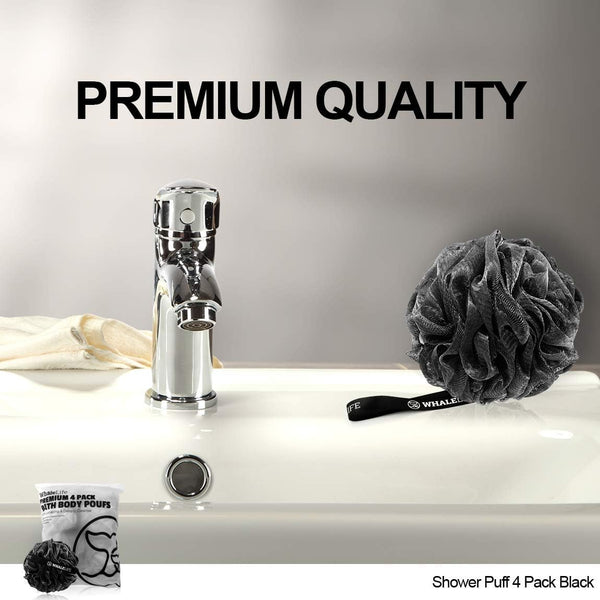 WhaleLife Shower Puff 4 Pack Black Bath Sponge Loofahs Pouf for Sensitive Skin