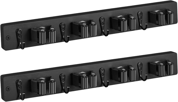 Mop and Broom Holder Wall Mount - Rustic Wood Broom Mop Hanger - Wall Mounted Garden Tool Rack Organizer for Closet Garage Laundry Room Kitchen Decor With 4 Slots & 4 Hooks - Rayz Mart