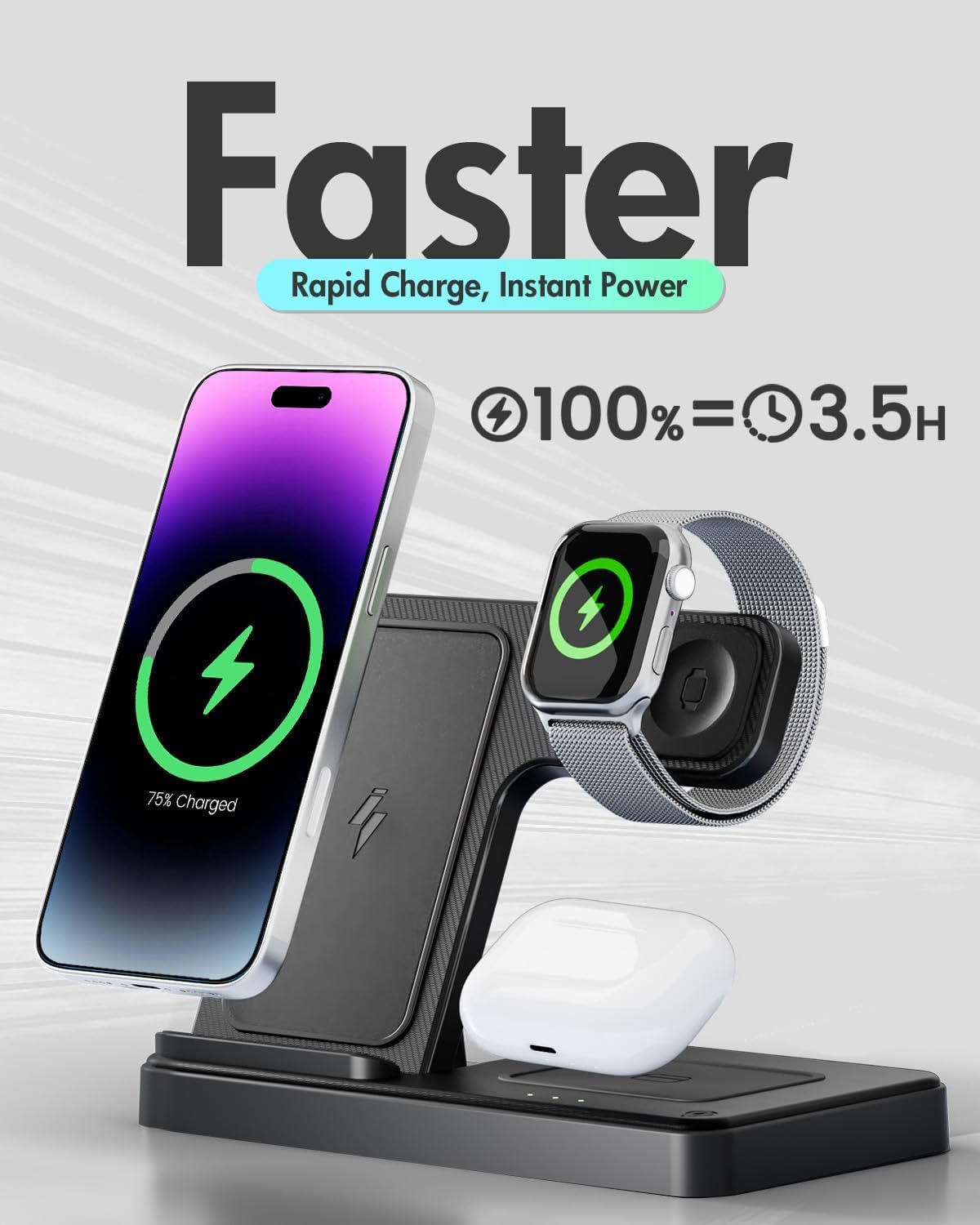 Wireless Charger iPhone Charging Station: 3 in 1 Charger Stand Multiple Devices for Apple - iPhone 16e 16 15 14 Pro Max 13 12 11 - Watch 10 9 8 7 6 5 4 3 2 SE and Ultra Series - Airpods 4 3 2 Pro - Rayz Mart