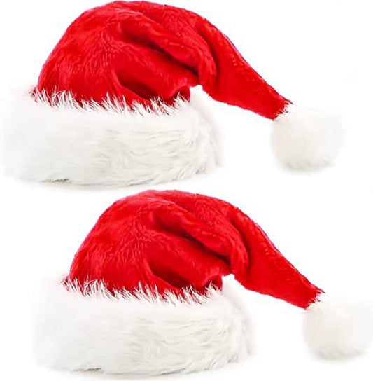2pcs Fluffy Red Santa Hats Set with Plush Brim and Liner for Adults Men Women - Christmas, New Year Party Supplies & Gifts