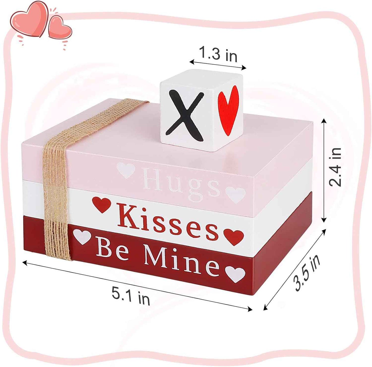 Valentines Day Decor, Wooden Book Stack with 4 XOXO Signs - Valentines Day Decorations for The Home, Tiered Tray, Coffee Table, Fireplace Mantel, Shelf