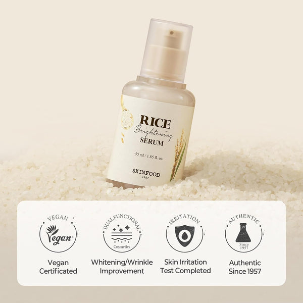 skinfood rice daily serum, 55ml/1.86fl.oz, korean skincare facial essence for glow glass skin, fermented natural rice water milk