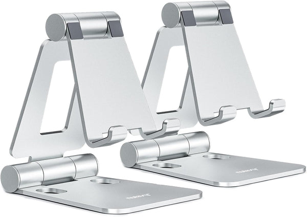 Nulaxy 2 Pack Fully Aluminum Dual Folding Cell Phone Stand, Adjustable Foldable Desktop Phone Holder for Desk Compatible with iPhone 17 16 15 14 13 12 11 Pro Max Xs Xr X 8, All Phones, Black & Silver