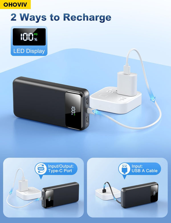 OHOVIV Portable Charger Power Bank 50000mAh Battery Pack, 22.5W Fast Charging PowerBank with Built in Cables,Travel Essential USB-C Portable Phone Charger for iPhone Samsung Pixel Android iPad