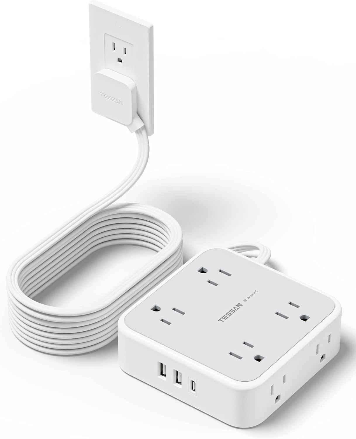 TESSAN Surge Protector Power Strip, 5 Ft Flat Plug Extension Cord with 3 USB (1 USB C) 8 Outlets, 900J Surge Protection, 3 Sided Outlet Extender with Power Switch for Office, Dorm Room Essentials