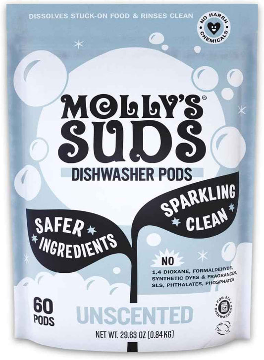 Molly's Suds Dishwasher Pods | Clean Dishwasher Detergent, Cuts Grease & Rinses Clean (Residue-Free) for Sparkling Dishes | 60 Auto-Release Tabs (Unscented)