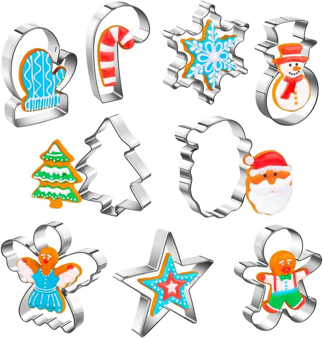 Christmas Cookie Cutters Set of 9 Pieces, Metal Shapes for Winter Holiday: Christmas Tree, Snowflake, Gingerbread Men, Angel, Star, Mitten, Candy Cane, Snowman