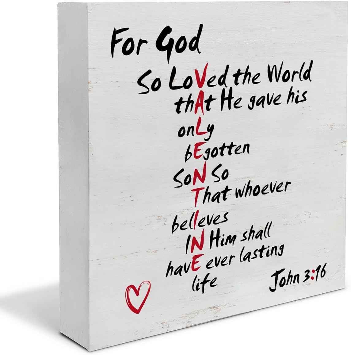 Christian Valentines Decor, Rustic John 3:16 Bible Verse Scriptures Wooden Sign Home Tabletop Shelf Desk Decoration Valentines Day Decor