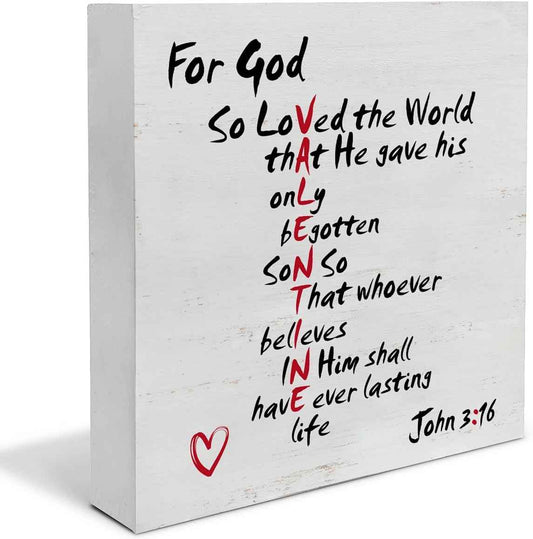 Christian Valentines Decor, Rustic John 3:16 Bible Verse Scriptures Wooden Sign Home Tabletop Shelf Desk Decoration Valentines Day Decor