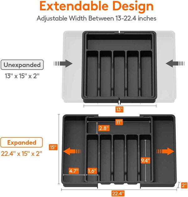 Lifewit Large Silverware Drawer Organizer, Expandable Utensil Tray for Kitchen, BPA Free Flatware and Cutlery Holder, Adjustable Plastic Storage for Spoons Forks Knives, Large, Black