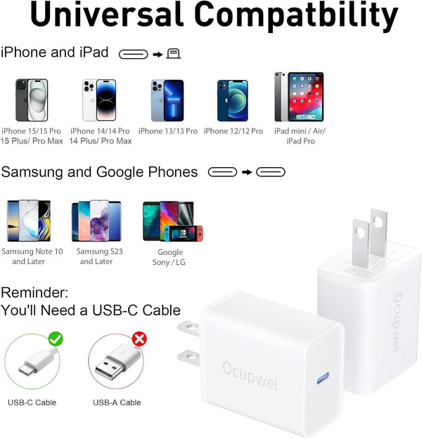 20W USB C Charger Block, 2 Pack, Fast Charging Wall Adapter for iPhone and Android Devices