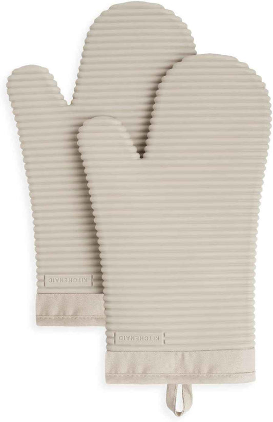 KITCHENAID Ribbed Soft Silicone Oven Mitt 2-Pack Set, 7.5"x13", Milkshake