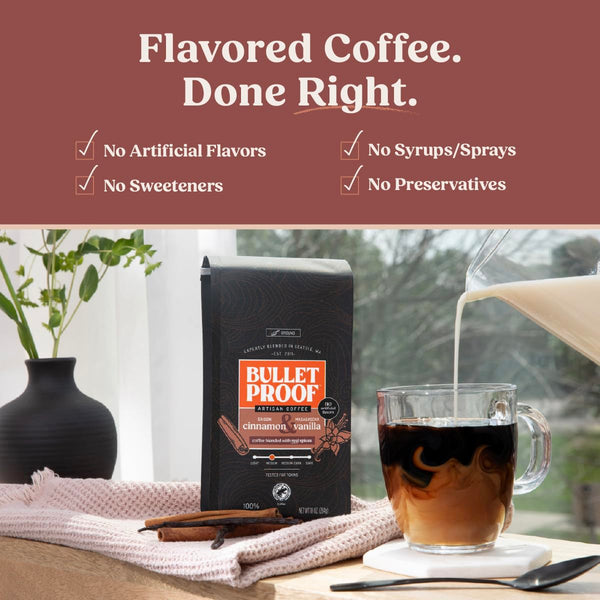 Bulletproof Cinnamon & Vanilla Flavored Ground Coffee, 10 Oz, Medium Roast, 100% Arabica Beans, No Artificial Flavors