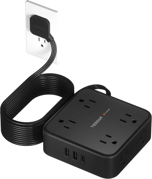 TESSAN Surge Protector Power Strip, 5 Ft Flat Plug Extension Cord with 3 USB (1 USB C) 8 Outlets, 900J Surge Protection, 3 Sided Outlet Extender with Power Switch for Office, Dorm Room Essentials