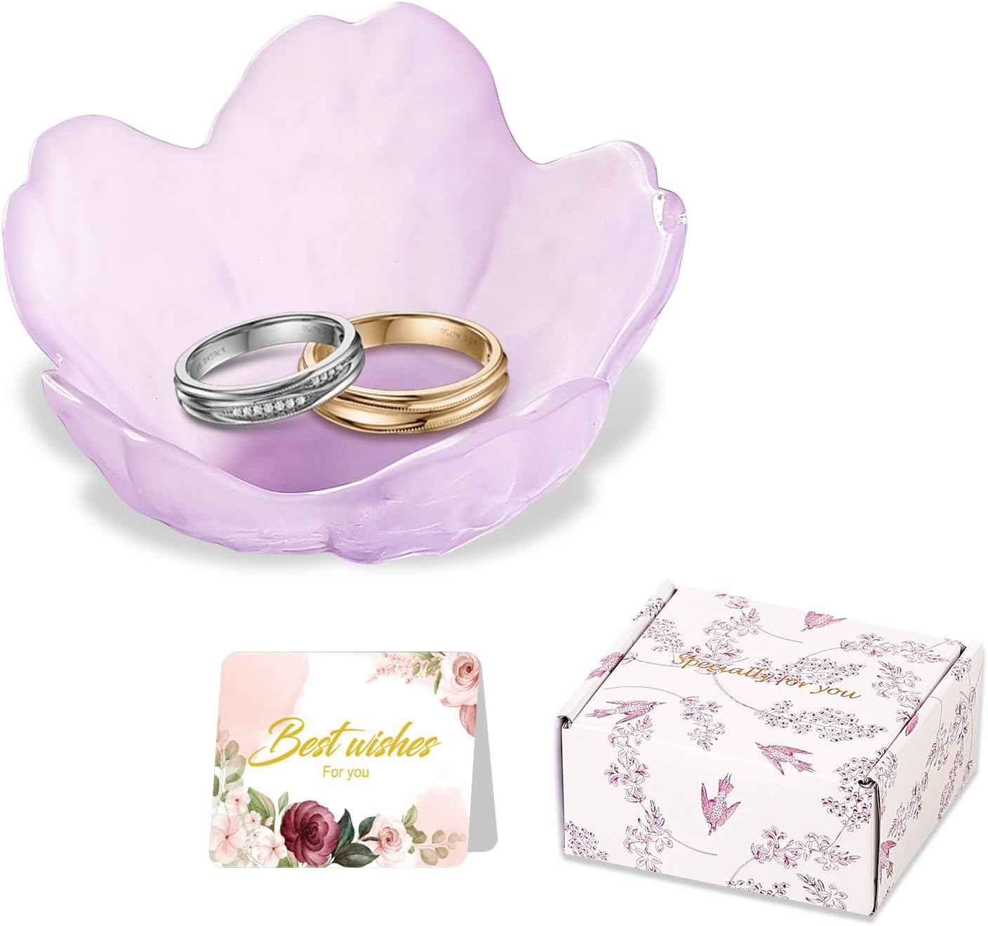 Purple Flower Jewelry Dish Glass Ring Holder Dish Jewelry Tray Cute Vanity Organizer Aesthetic Nightstand Bathroom Room Decor Trinket Dish Valentine's Friendship Christmas Birthday Gifts for Women