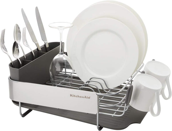 Compact kitchen dish rack with angled drainboard and removable flatware caddy