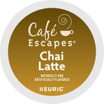 Café Escapes Chai Latte single-serve K-cup pods in 60 count box, low caffeine, contains milk, black tea and spices