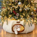 cat tunnel bed for small and large indoor cats with cushy donut toy and peekaboo pet cave, beige