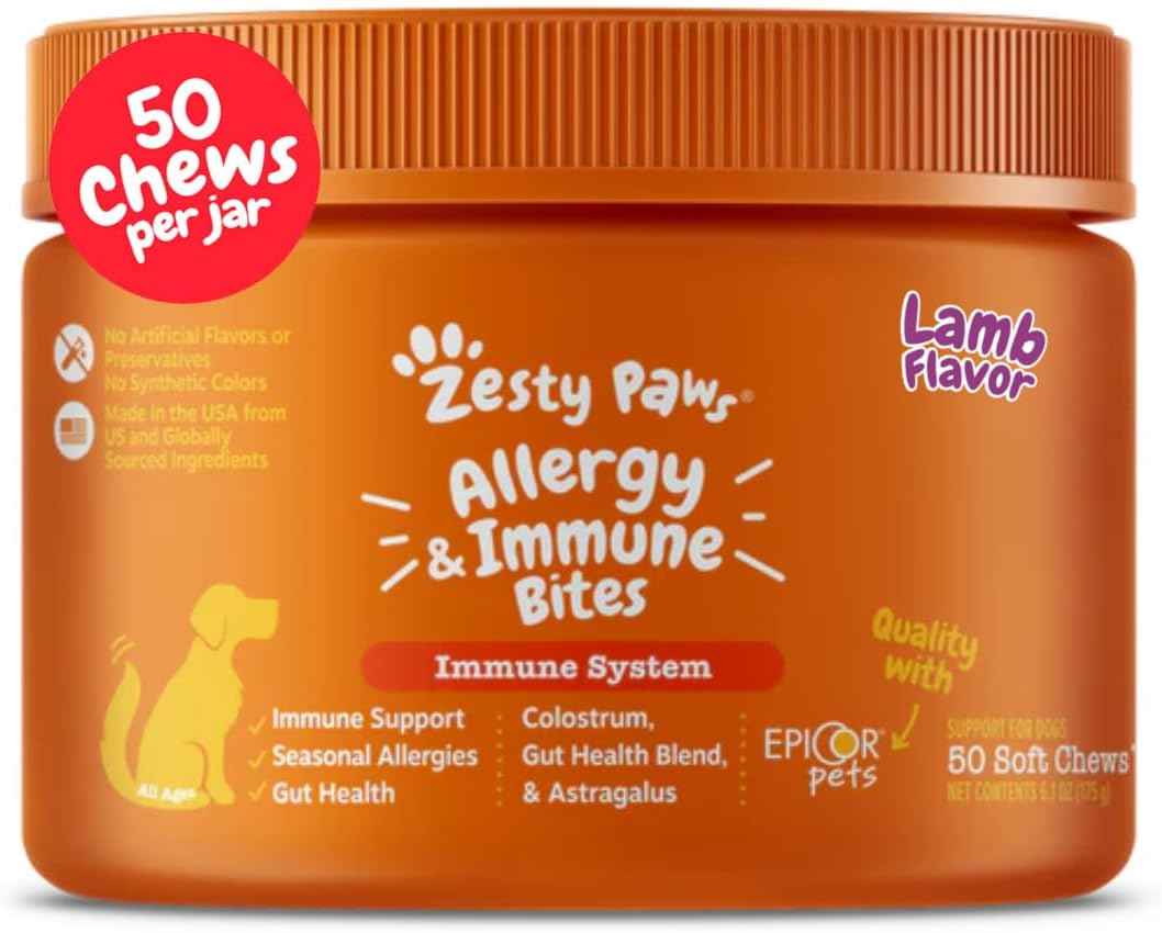 Zesty Paws Dog Allergy Relief- Dog Itching Skin Relief- Dog Probiotics for Itchy Skin and Itchy Ears- Dog Allergy Paw Relief- Dog Allergy Chews- Dog Itch Relief - Dog Skin Allergy Relief - Lamb - 90ct